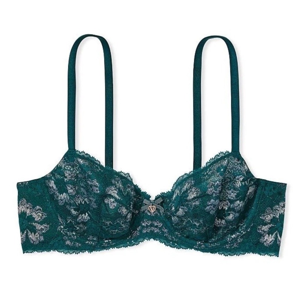 Victoria's Secret Dream Angels Lace Balconette Bra Emerald‎ Green Gold Metallic